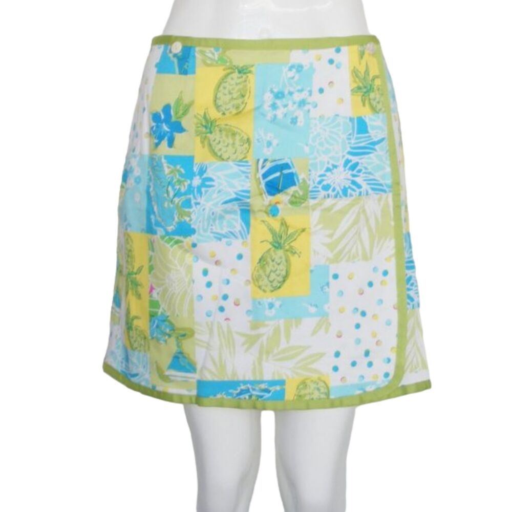 Reversible Wrap Skirt, L, 33" Waist, Blue/Green/White, Polka dots, Pineapples
